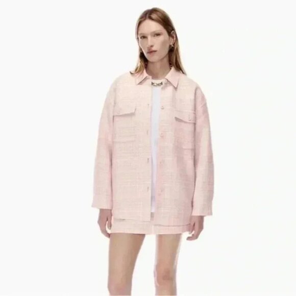 Aritzia Babaton Joan Shacket Shirt Jacket Oversized Linen Tweed Pink Plaid 2 - Picture 1 of 16